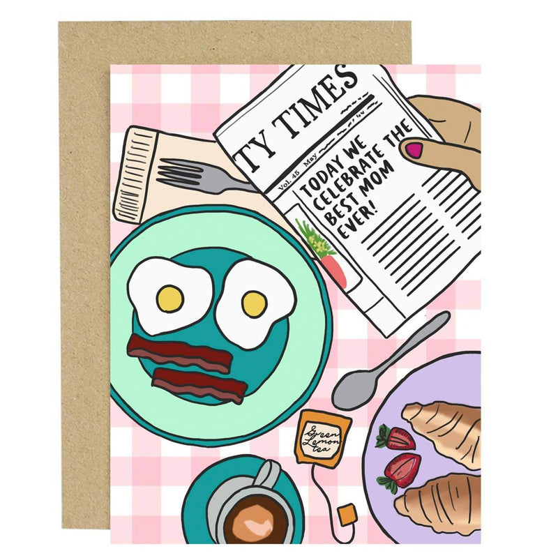 mother's day card with breakfast and newspaper scene